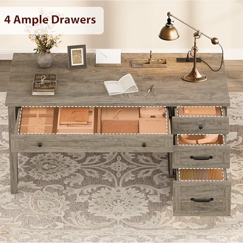 IDEALHOUSE 53.5" Farmhouse Computer Desk with Charging Station, Rustic Black Home Office Executive Desk, Wooden Workstation with File Cabinet Storage Drawers for Writing & Study, Rustic Gray by IDEALHOUSE - Image 8