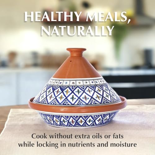 Kamsah Tagine Pot for Cooking and Flavor Enrichment - Large Clay Pot 12”, 5.5 QT - Non-Stick Handmade Cookware - Moroccan Ceramic Pots for Cooking with Lid & Serving Bowl - Bohemian Supreme Blue - Thumbnail 3
