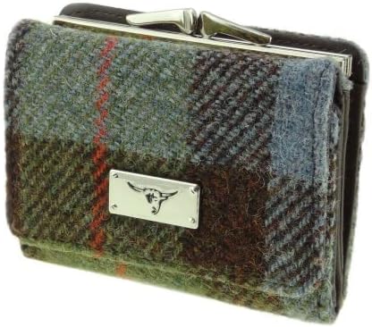 Portefeuille Long Zippé Harris Tweed Staffa - Carreaux Verts & Violets - Authentique Tweed Écossais Pour Femme