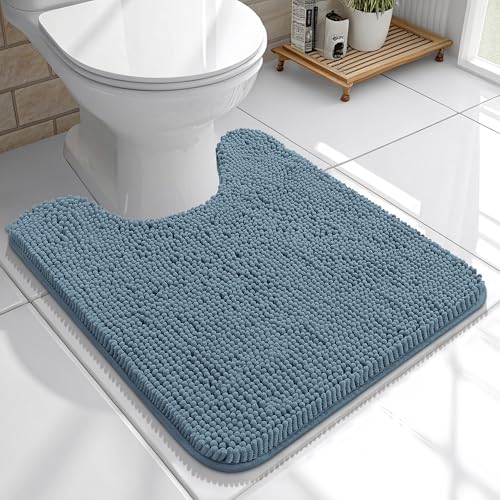 Image of OLANLY Toilet Rugs U-Shaped 20x20, Extra Soft Absorbent Chenille Contour Bathroom Rugs for Toilet, Dry Quickly, Machine Washable, Non-Slip Bath Mat, Airy Blue