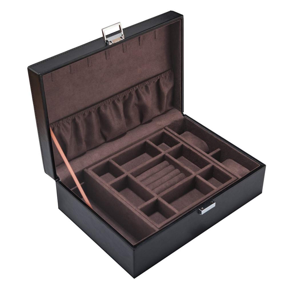 Jewelry Storage Box Retro Faux Leather Gift Capacity Large Double Handmade Tray (Color: Black-A, Size: 29.5x20x9.6 cm)