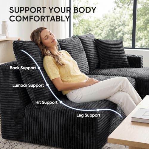 Image of Boneless Couch, 127 inch Sofas for Living Room, U Shaped Couch with Chaise | Sectional Sofa, Cloud Couch Sectional with Cup Holders and Storage, Cloud Sofa with Deep Seat, Grey, Corduroy, No Assembly