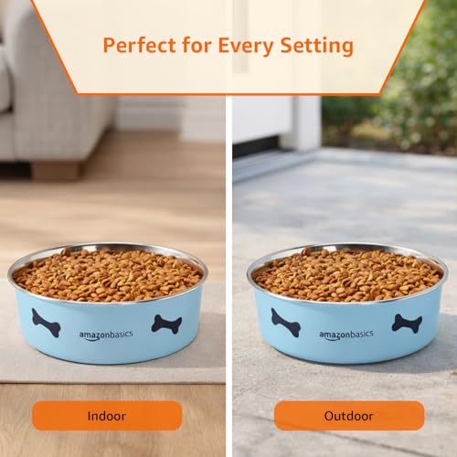 Image of Amazon Basics Stainless Steel Pet Feeding Bowls for Dog & Cats | 3 Pcs Set | Anti Slip Base | Canister & Heavy Dish Outside Blue Color with Printing | Canister 1000 ml & Heavy Dish 900 ml & 1800 ml