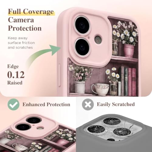 Image of VONZEE Cute Pink Book Shelf Back Cover for iPhone 13| Clear Shockproof TPU Protective Case | intage Library & Flower Shelf Pattern for Girls and Women