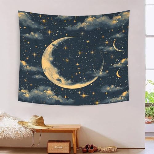 Tapisserie murale effet 3D lune et étoiles en tissu noble pour grand salon