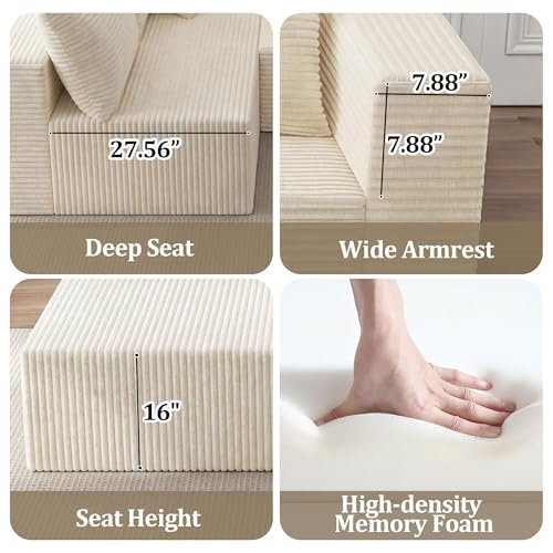 Image of 118 inch U-Shaped Modular Sectional Sofa Set,Soft Corduroy Cloud Couch with Chaise & Ottoman,Deep Seat Boneless Couches for Living Room,No-Assembly - Beige (Left Facing Chaise)
