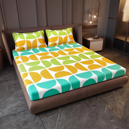 Image of Divine Casa Cotton King Size Bedsheet | 210 TC Soft Breathable Pigment Twill Satin Bed Sheet with 2 Pillow Covers | Luxury Bedding Set | 275 x 275 cm (Green & Blue, Gemetic)