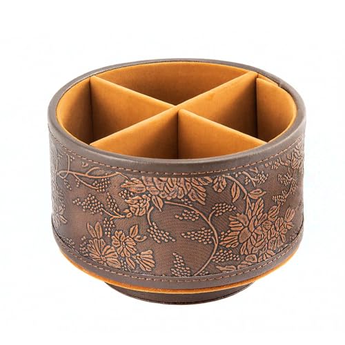 M.J COMFY-LIFE 360 Rotating PU Leather Desk Organizer with 4 Compartments Multi-Functional Storage Caddy for Remote Controls Office Supplies Makeup Brushes & Home Decor (Leaves)