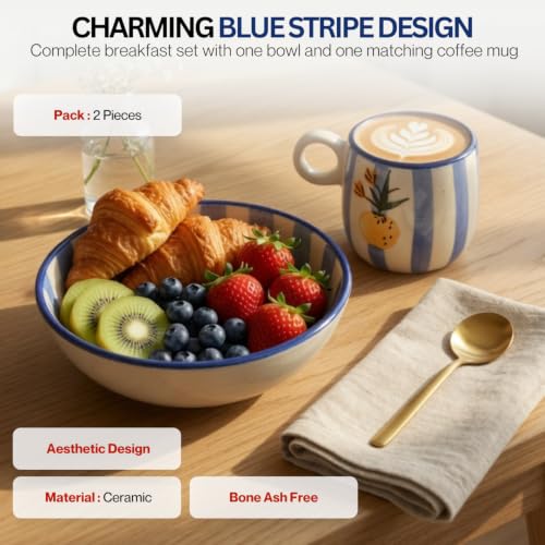 Image of Ceramic Breakfast Set | Bowl & Coffee Mug Combo | Cute Aesthetic Tableware Set for Breakfast, Snacks & Beverages | Microwave & Dishwasher Safe (Blue Stripe)