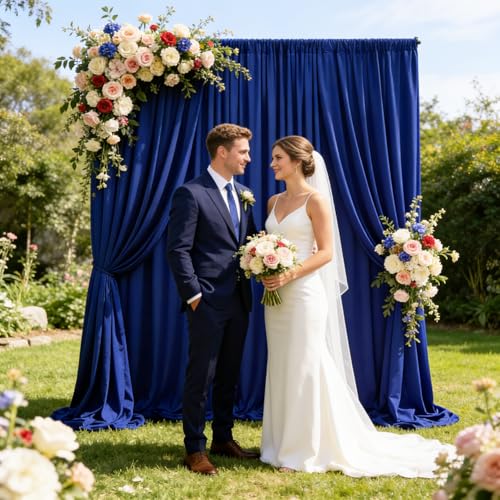 Image of 10ft x 10ft Royal Blue Backdrop Curtains for Parties, Polyester Fabric Backdrop Drapes with Rod Pockets for Weddings, Birthday, Photography, Mother's Day, Graduation Party Background Curtain, 2 Panels