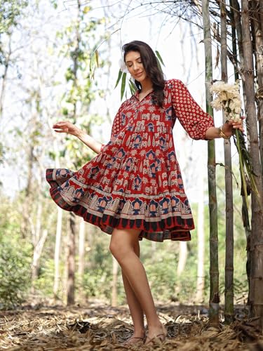 Image of Stylum Women's Rust Ethnic Printed Cotton Flared Dress