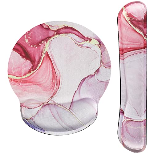 MoKo Mauspad mit Handauflage, Gelkissen Mousepad Ergonomisch Erhöht Memory Foam Handballenauflage Tastatur, Rutschfest PU Gummi Basis Schmerzlinderung für Zuhause, Schüler, Büro - Marmor Rosa