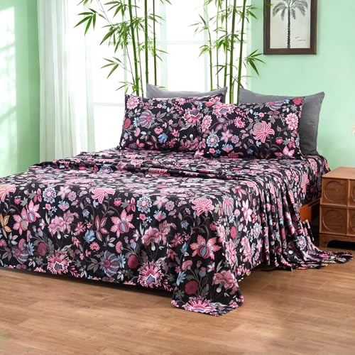 Image of Bedlifes Extra Deep Pocket 18-24 inch Queen 4-Piece Sheet Set - Cooling Sheets Blend Rayon Derived from Bamboo Soft & Breathable Floral Black Red