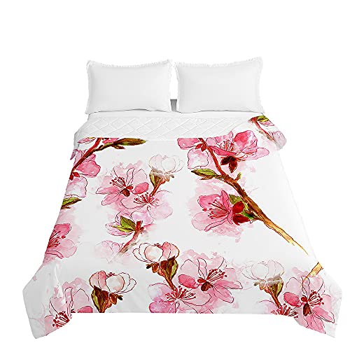 Highdi Colcha de Verano Estampado Floral Moderno, Colcha para Verano Reversible Ligera y Suave Microfibra Cubre Cama Fina, Colchas Cama Individuales Dobles Modernas (Sakura,230x280cm)