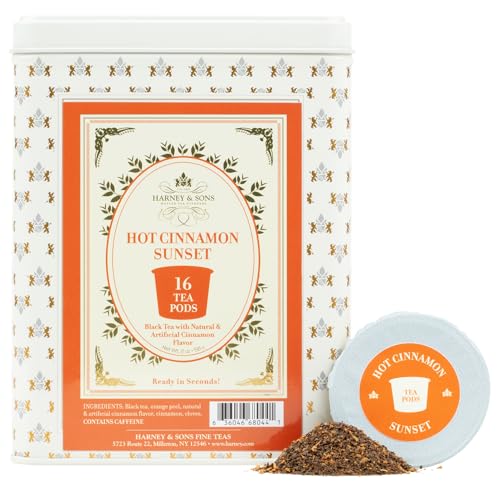 Harney and Sons Hot Cinnamon Sunset Tea Pods, Single Use, K-Cup Compatible, Bold and Flavorful Cinnamon Black Tea