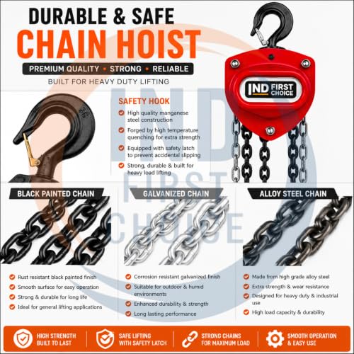 Image of IND 1 Ton 3 Meter Chain Pulley Block | Heavy Duty Manual Chain Hoist for Material Handling, Warehouse, Construction & Industrial Lifting