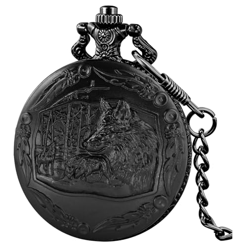 Image of Tiong Vintage Pocket Watch Engraved Cowboy Skull Wolf 3D Pattern Arabic Numerals Quartz Pocket Watch with Chain Best Gifts
