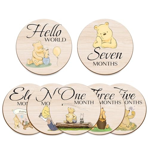 Image of Hatzelou 7Pcs Winnie Baby Monthly Milestone Circles, Classic Winnie Baby Stuff, Double-Sided Printing Months Baby Milestone Wooden Keepsake, Milestone Wooden Circles Stuff for Baby Photo