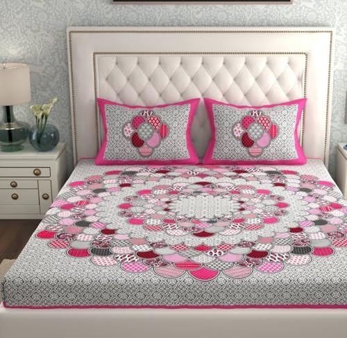 Image of KOUNDAL Rajasthani Jaipuri Sanganeri Printed 144 TC 100% Cotton Bed Sheet Set for Double Bed,Floral Print, Double Bedsheet Cotton with 2 Pillow Covers (Pink, King)