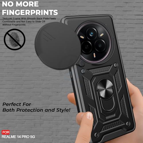 Image of AESTMO Tough Armor Realme 14 Pro 5G Bumper Back Case Cover | Ring Holder & Sliding Camera Cover | 360 Degree Protection Back Case Cover for Realme 14 Pro 5G (Black)