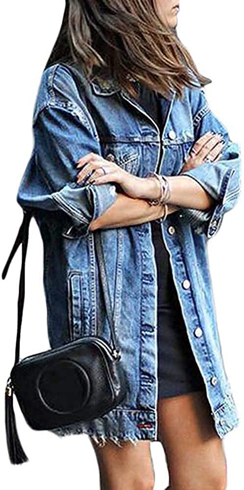 Giacca di Jeans da Donna Lunga Boyfriend Vintage Oversize Transizione Distrutto Cappotto Lungo Corto Ritagliato