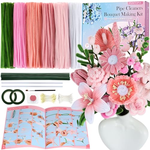 Funtopia Pfeifenreiniger Blumen Set, 540 Stück Pfeifenputzer zum Basteln, Anleitungsbuch mit 15 Blumen-Designs, inkl. Chenilledraht, Blütenstempel, Blumendraht & Klebeband, DIY Blumenstrauß, Rosa