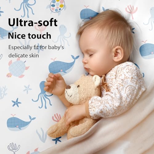 Image of Baby Mini Crib Sheets Boy, Portable 38 inchx26 inch Pack and Play Sheets Fitted for Playard and Pack N Play Mattress, 3-Pack Soft Microfiber Blue Ocean Whale