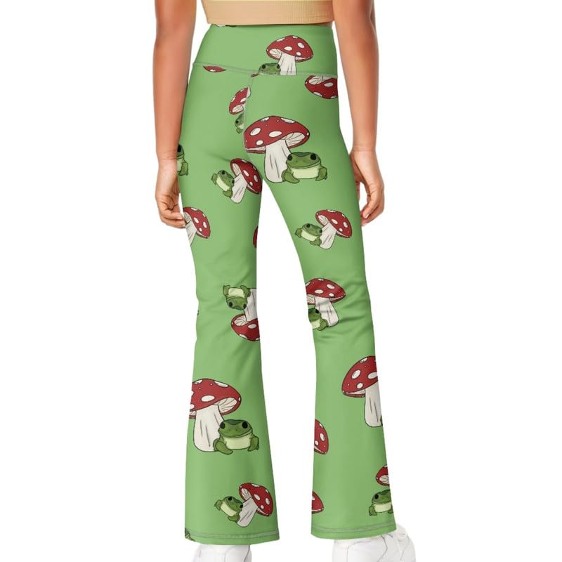 Jndtueit Red Mushroom Girls Yoga Pants, Cartoon Frog Flared Lounge Pants for Sports Running Back to School, Green High Waist Tummy Control Workout Pants