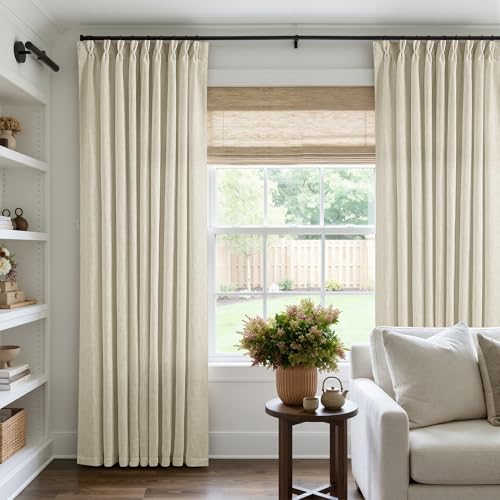 Image of Extra Wide Pinch Pleat 60 x 102 Inch Linen Curtains for Living Room Neutral Beige Light Filtering Semi Sheer Pleated Curtains for Patio Glass Sliding Door Dining Bedroom Large Window 60x102 1 Panel
