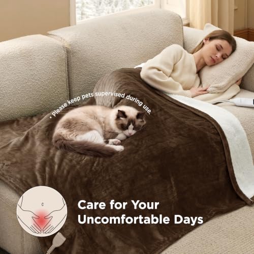 Image of Bedsure Heated Blanket Throw, Soft Electric Blanket with Preheat, Brown