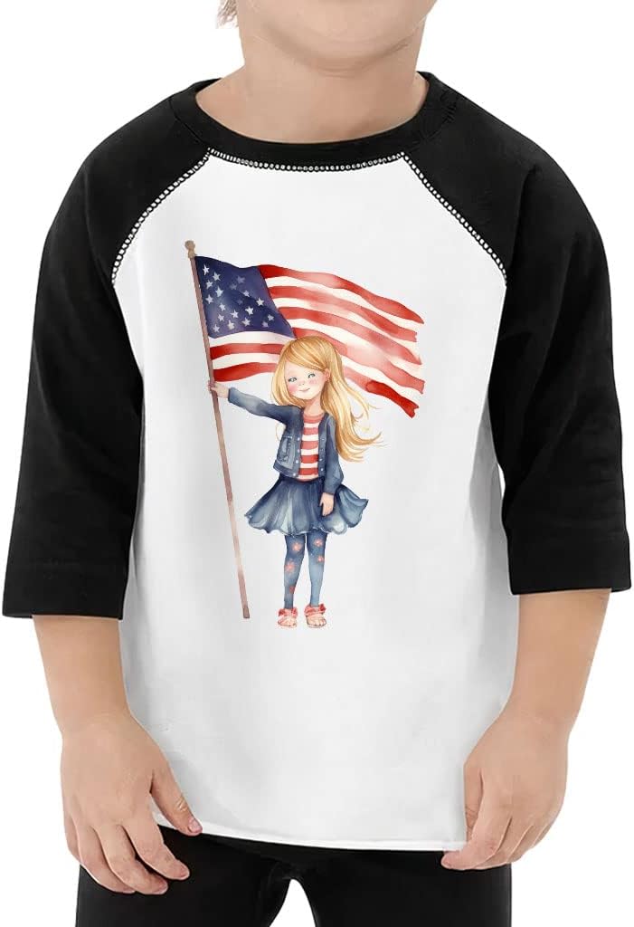 Cute Flag Toddler Baseball T-Shirt - Patriotic 3/4 Sleeve T-Shirt - Kawaii Kids' Baseball Tee