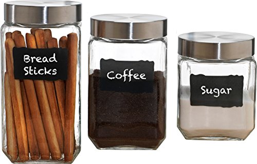 Circleware Provincial Chalkboard Glass Canisters With Metal Lids, Set Of 3, Kitchen Glassware Food Beverage Preserving Containers For Coffee, Sugar, Tea, Spices, Cereal, 84 Oz, 44 Oz, 32 Oz, 3Pc #TOP2