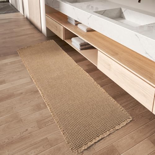 AMOAMI Upgraded Waffle Runner Rug, Super Absorbent Non Slip Bath Mats for Bathroom Floor, Machine Washable Boho Bathroom Runner Rug with Tassels, Ideal for Hallway Bedroom Laundry Room, 17