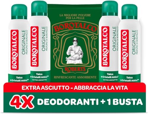 Borotalco, Original Talc - Desodorante en aerosol con cristales activos, triple protección en seco, sin alcohol, fragancia en polvo, eficacia 48 h, 4 x 150 ml, exclusivo de Amazon