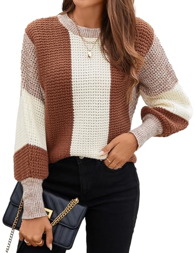 Image of Libsorge Womens Cute Color Block Waffle Ribbed Knit Lightweight Sweater Fall Winter 2024 Spring 2025 Trendy Ladies Dressy Casual Soft Cozy Crewneck Long Sleeve Thin Pullover Top Coffee Brown S