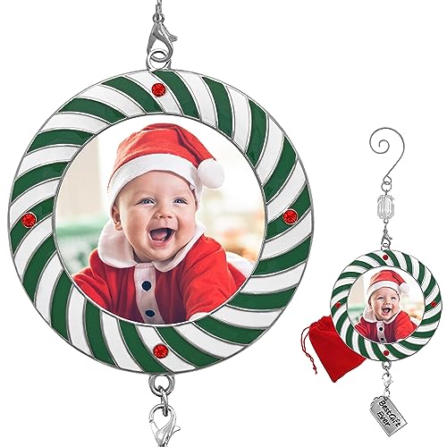 Image of Baby Christmas Photo Ornament Hanging Xmas Decoration - Enameled Candy Cane Design and Red Jewel Accents - Baby Ornament with Hanging Charm - Gift/Storage Bag Included