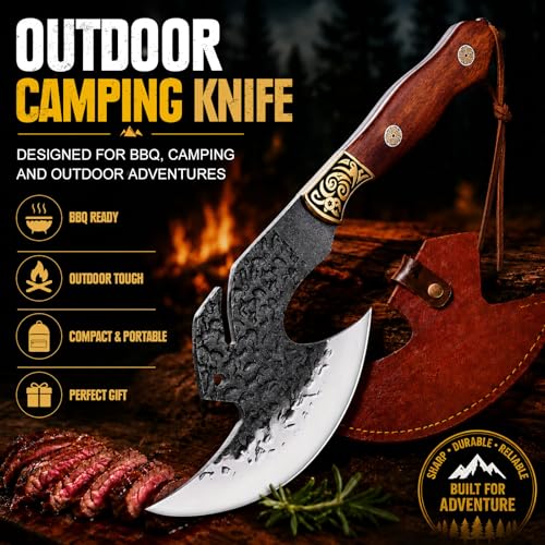 Topfeel Hand Forged Viking Knife 6.2" Meat Cleaver with Sheath, Chinese Kitchen Axe Boning Knife for Meat Cutting, High Carbon Steel Butcher Knife Home Outdoor BBQ Camping Birthday Gifts for Men Dad - Image 3