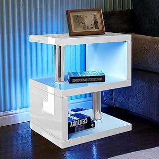 White High Gloss Coffee Table Side Table Coffee End Table with LED RGB Lights Coffee Table for Living Room 2 Tier Storage Shelves S Shape Rectangle Table with Home Office Furniture 44L x 38W x 57H cm
