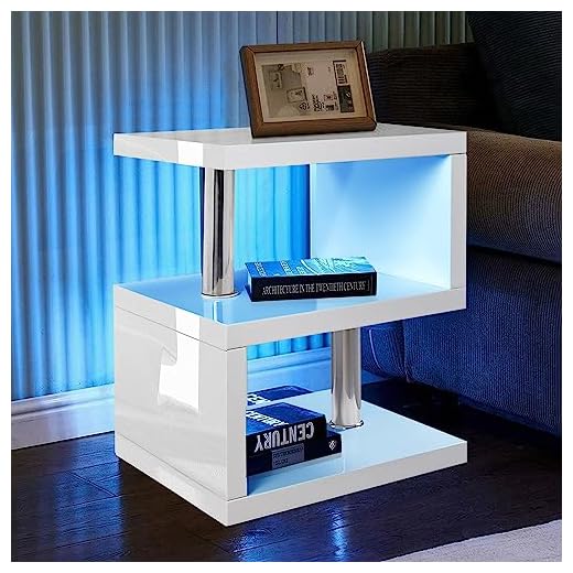 White High Gloss Coffee Table Side Table Coffee End Table with LED RGB Lights Coffee Table for Living Room 2 Tier Storage Shelves S Shape Rectangle Table with Home Office Furniture 44L x 38W x 57H cm