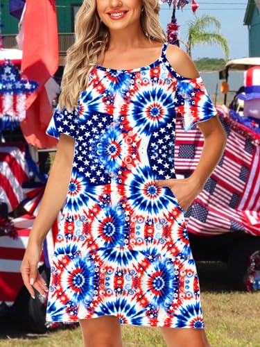 Image of Deerose Womens 4th of July Dresses Cold Shoulder American Flag Tie Dye A-Line Dress with Pockets