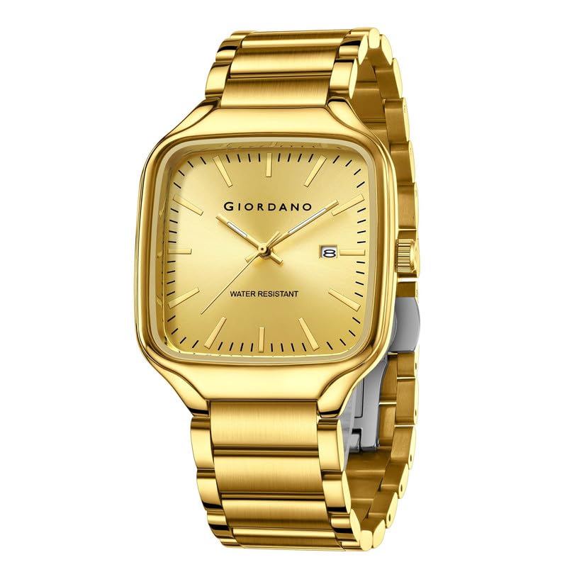 Image of Giordano Analog Watch for Men - Square Dial, Stainless Steel Strap, Date Display, Water Resistant Classic Dress Watch