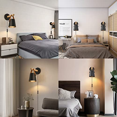 Plug In Wall Lamp For Badroom Modern Sconce Wall Lighting Fixture Black Industrial Sconce Lamp For Badroom With Wood And Leather Light For Bedside Farmhouse Aisle Corridor Living Room #TOP7