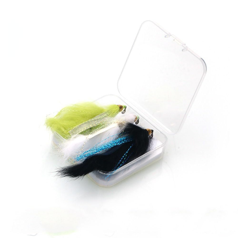 3-Piece 3colors Box 1/0# Rabbit Strip Fly Fishing Lure Conehead Streamer Flies for Steelhead Salmon Pike Trout Bass 90° Jig Hook Saltwater