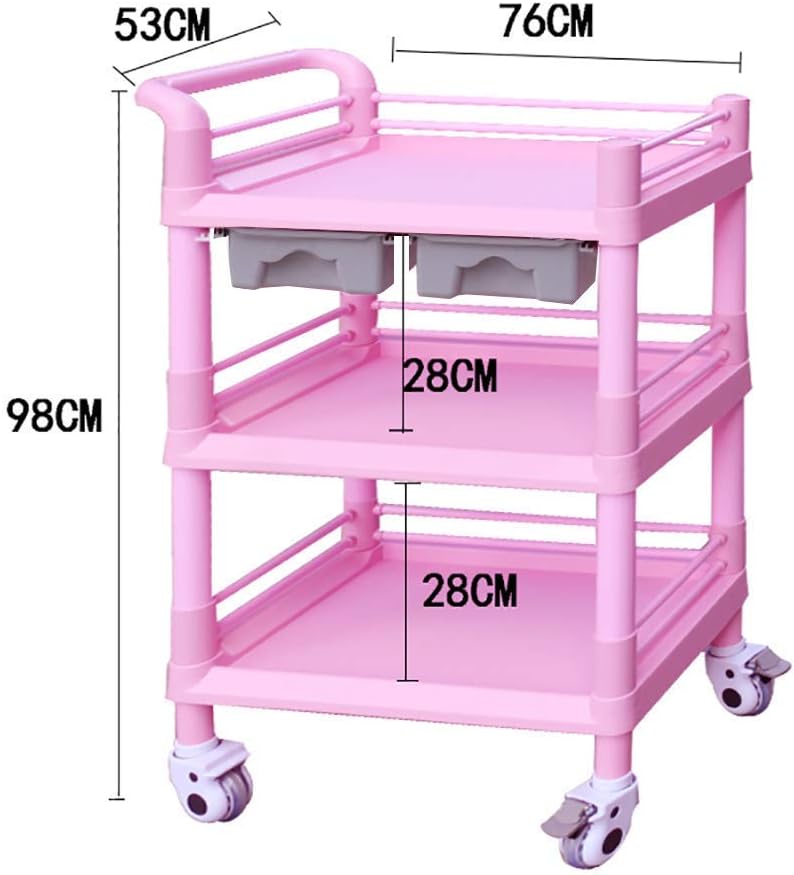 Movable Hand Trucks Trolleys, Recycling Vehicles,3 Shelf Rolling Instrument Cart on Silent Wheel for Beauty Nail Salon Spa Tool Storage Trolley,Collecting Vehicles/Pink/76X53X98Cm
