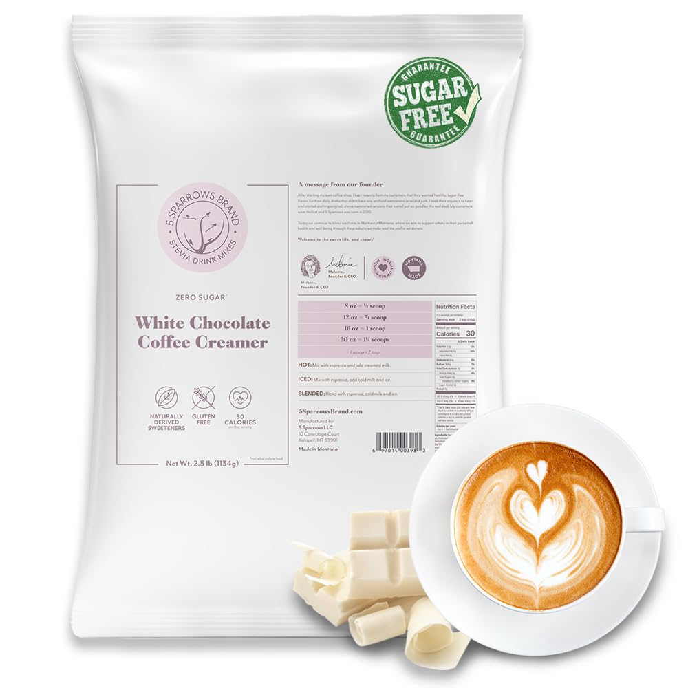 5 SPARROWS Healthy Sugar-Free Coffee Creamer Powder (White Chocolate) - Stevia-Sweetened, Zero Sugar - Keto-Friendly Flavored Drink Mix, 40 oz (2.5lb)