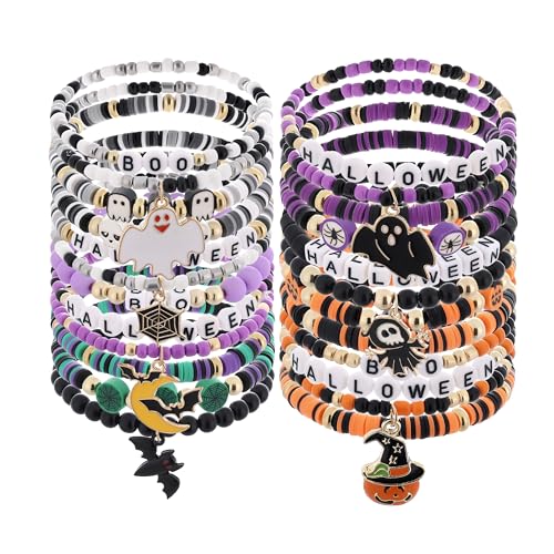 Taouzi 24 Pcs Surfer Heishi Bracelets for Women Handmade Stackable Stretch Friendship Bracelets Halloween Christmas Holiday Jewelry Gifts for Women