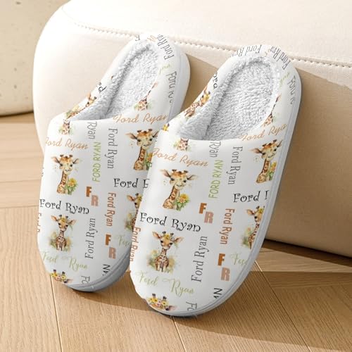 Personalized Name Slippers for Women/Men/Boys/Girls Custom Giraffe Cotton Slippers Memory Foam Non-Slip Fluffy Winter House Shoes Indoor and Outdoor Unisex Home Slippers2
