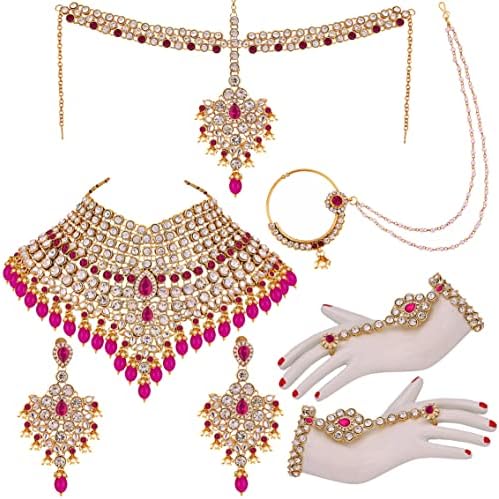 Lucky Jewellery Wedding Designer Magenta Color Gold Plated Dulhan Choker Bridal Set with sheeshpatti for Girls & Women (2475-L1ZS-KD124-R)