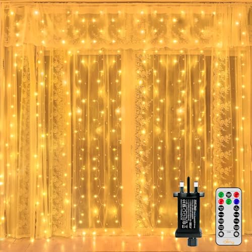 Ollny Curtain Fairy Lights, 300LED 3mx3m Waterfall Hanging String Lights Mains Powered, Waterproof Window Light with Plug/8 Modes/Remote/Timer for Bedroom/Wall/Outdoor/Wedding/Garden/Party,Warm White