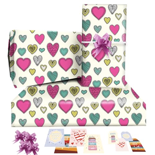 RU-X Heart Happy Birthday Wrapping Paper Jumbo 85 * 60cm,4 Sheets with 4 Pink Bows,4 Birthday Cards,4 Gift Tags,Gift Wrap for Girls,Women,Valentine's Day, Anniversary, Wedding